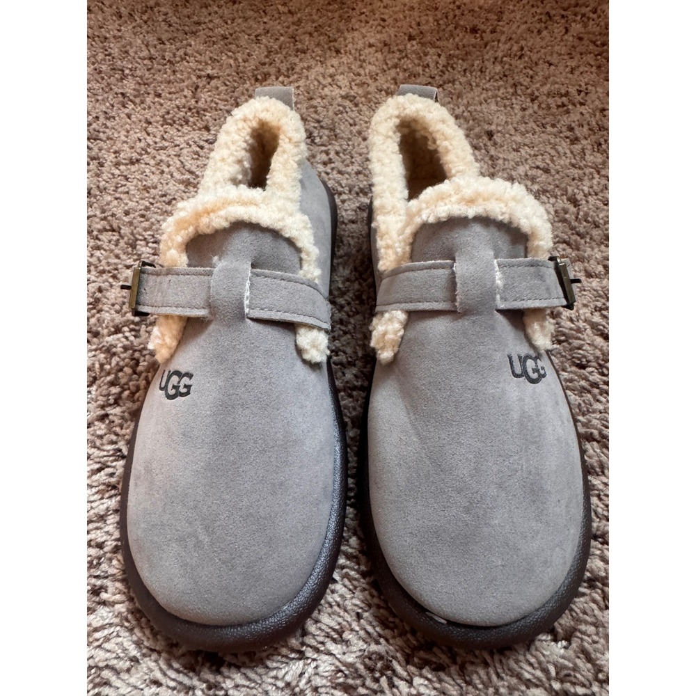 UGG Women's Gray Suede Shearling Buckle Clogs Slip On Shoes